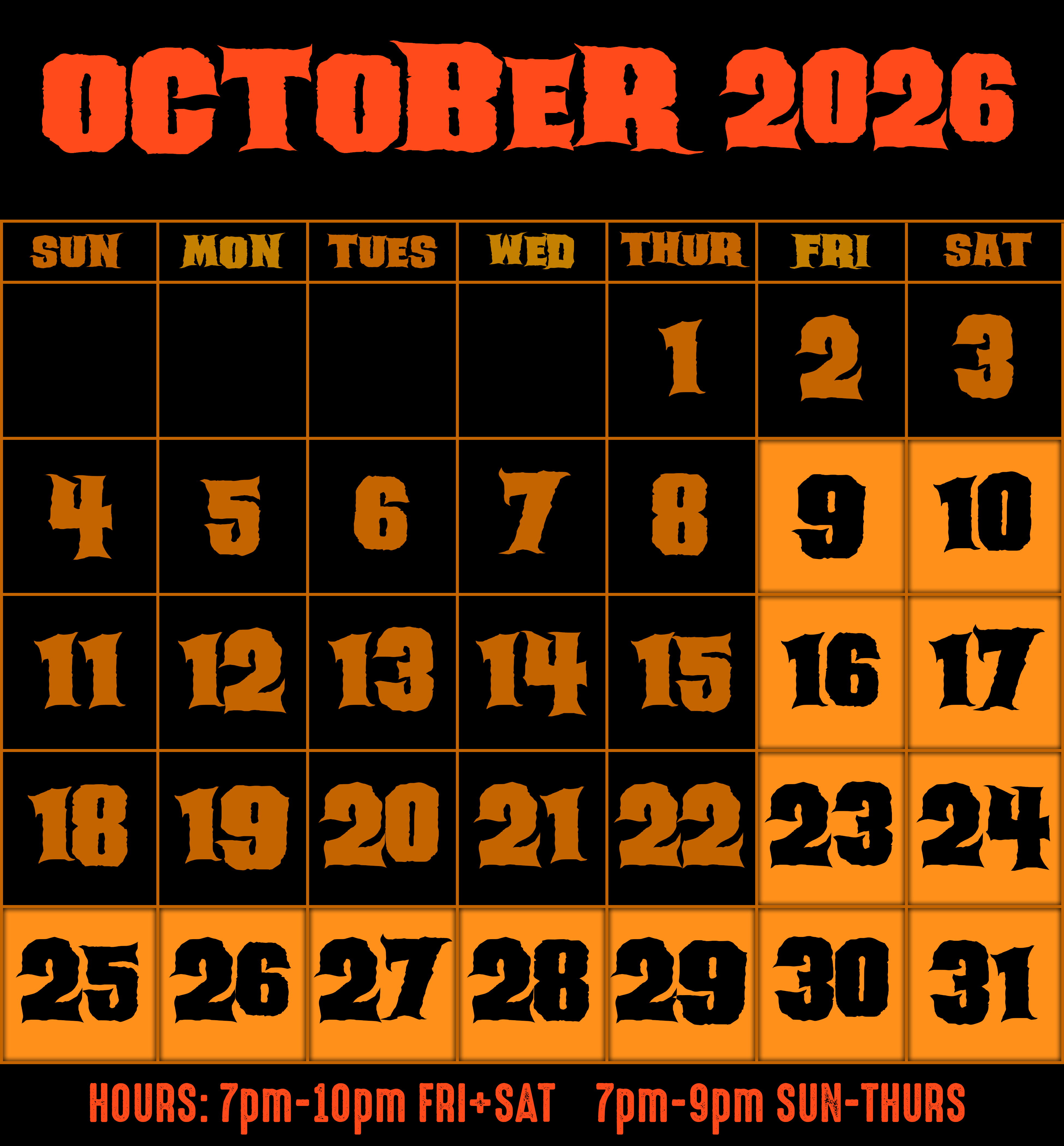 The Fright Zone October 2026 operating calendar